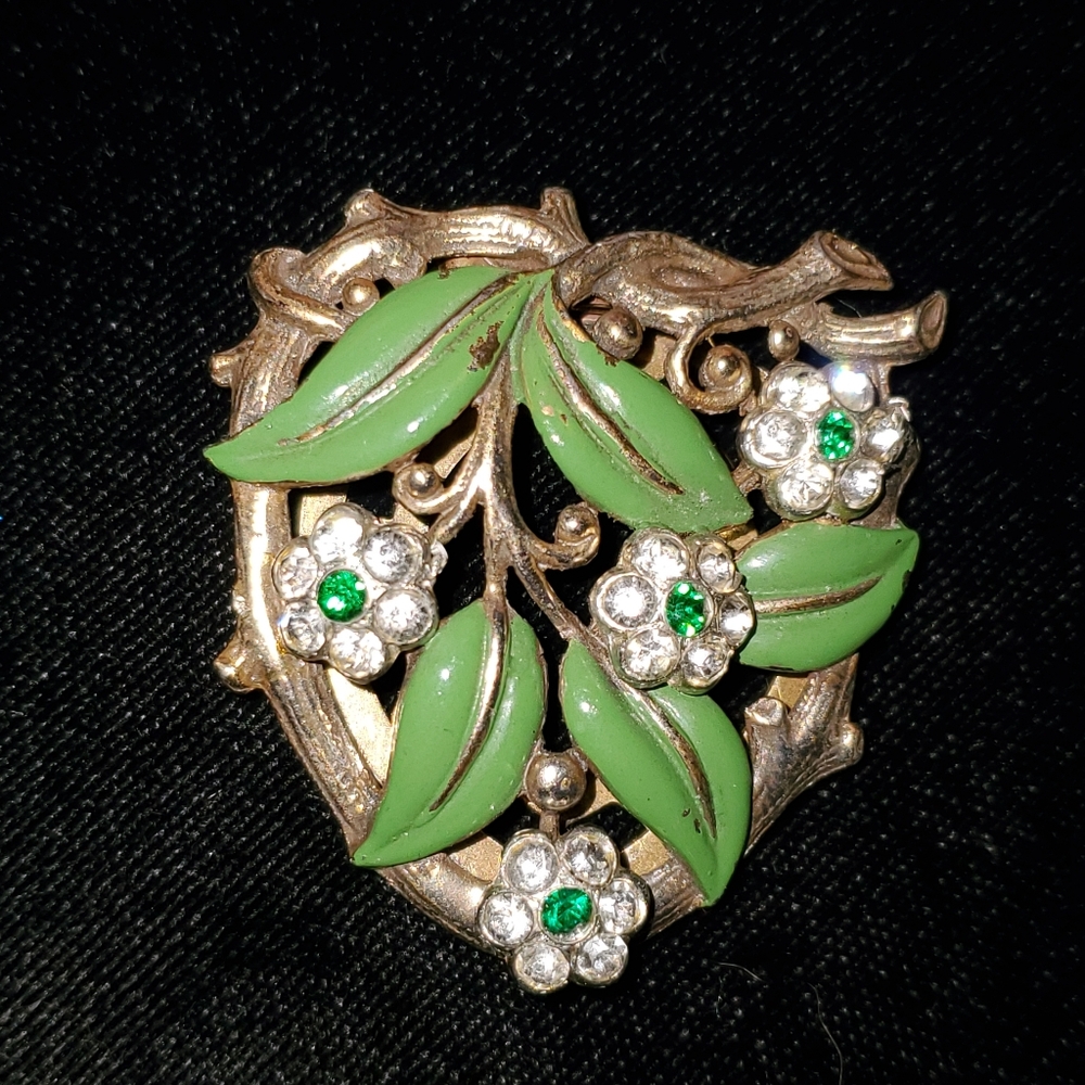 Trifari Floral Rhinestone Enamel Leaf Branch Clip Unsigned 1930's 1940's